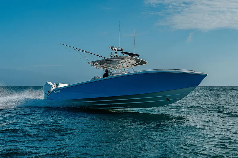 Slide: The Image of 2013 Bahama Quad V10's boat cruising on open water under clear blue sky. - 34