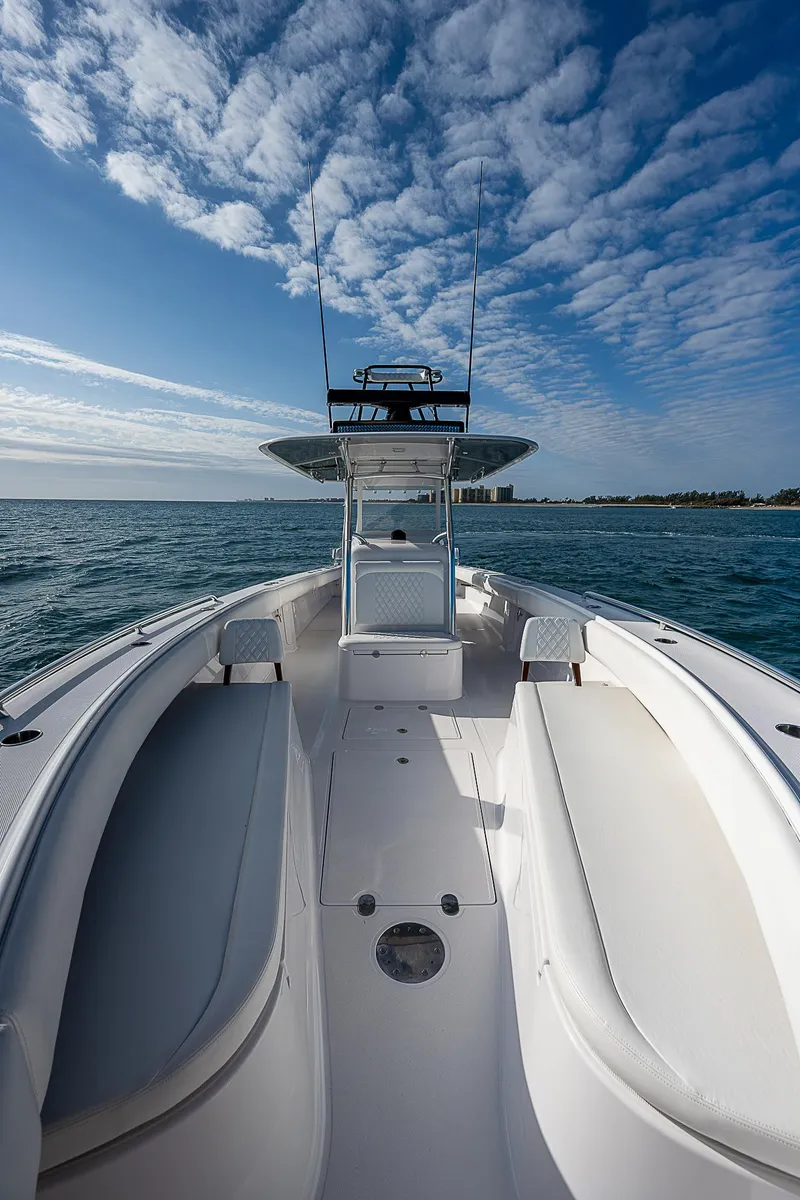 Slide: The Image of 2013 Bahama Quad V10's boat on open water under a partly cloudy sky. - 9