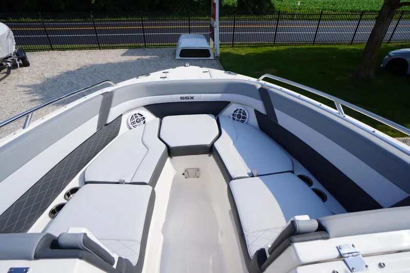 Slide: The Image of 2025 Chaparral 267 SSX boat seat with SSX logo and quilted design. - 18