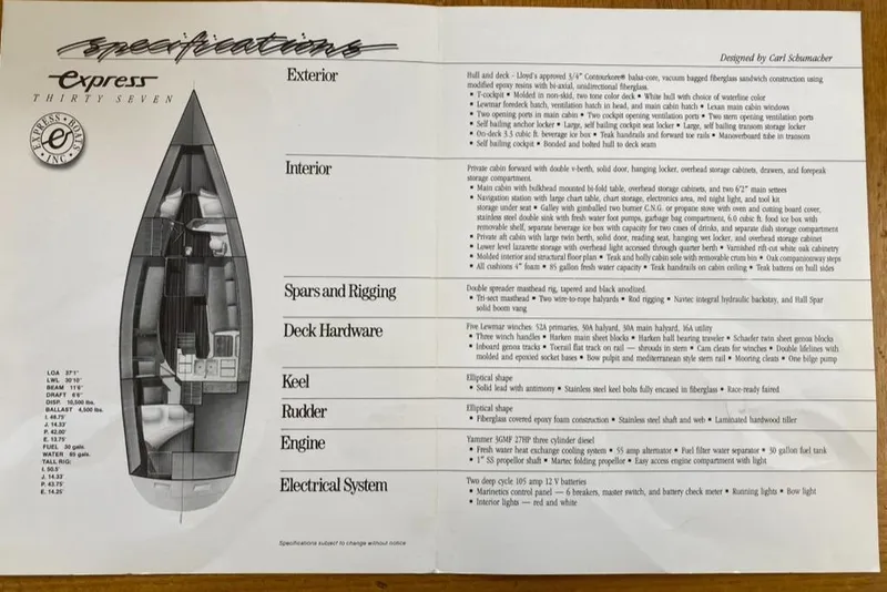 Slide: The Image of Specifications sheet for 1986 Express 37 sailboat, featuring design details and layout diagram. - 44