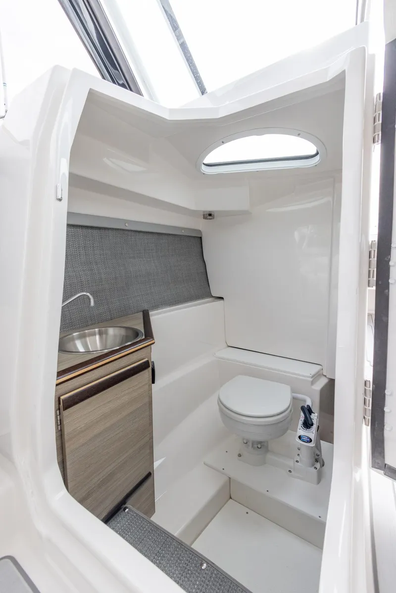 Slide: The Image of Compact bathroom in 2026 Solara S-250 DC boat with modern fixtures and skylight. - 30