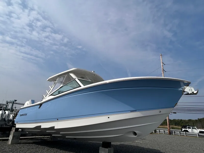 Slide: The Image of 2024 Blackfin 302DC boat in light blue, displayed outdoors under a cloudy sky. - 4