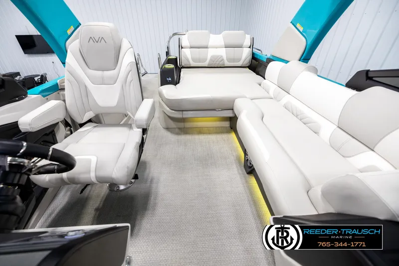Slide: The Image of Interior of 2025 Avalon 2585 Excal VRBW boat with luxurious seating and modern design. - 14