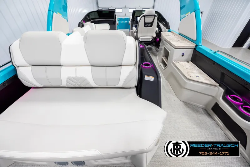 Slide: The Image of Luxurious interior of 2025 Avalon 2585 Excal VRBW boat with modern seating and ambient lighting. - 16