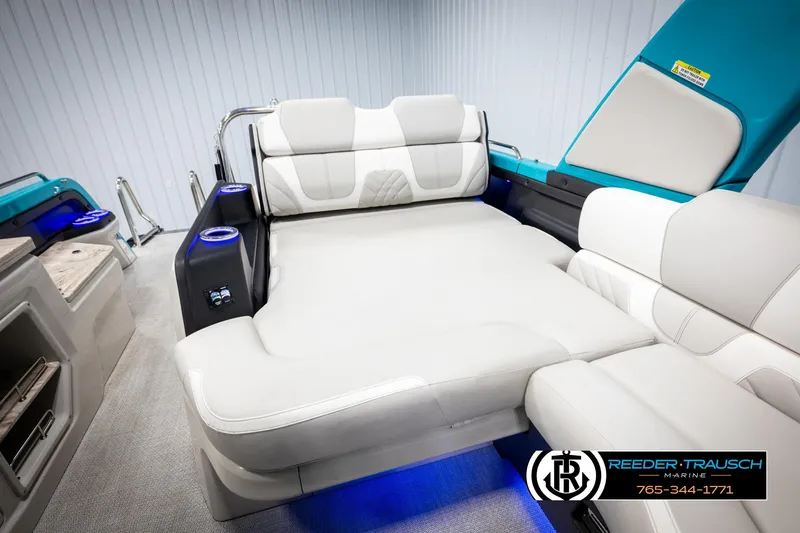 Slide: The Image of Luxurious seating on 2025 Avalon 2585 Excal VRBW boat with modern design and ambient lighting. - 27