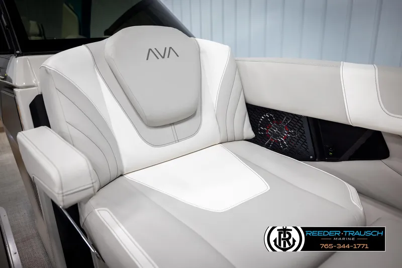 Slide: The Image of Luxurious seating in 2025 Avalon 2585 Excal VRBW boat, featuring sleek white upholstery. - 43