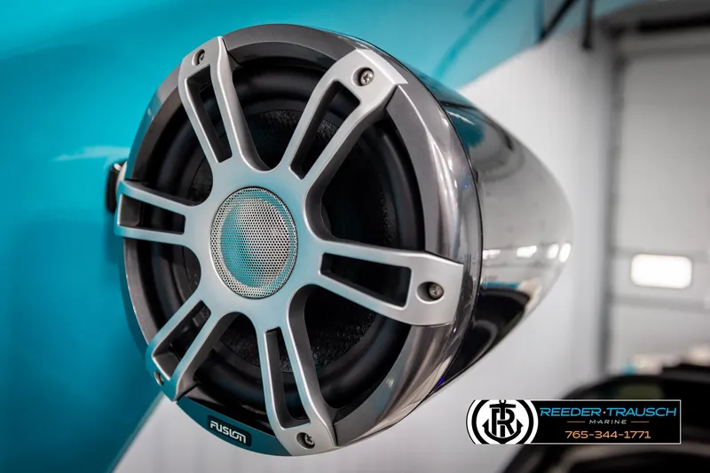 Slide: The Image of Close-up of a Fusion speaker on a 2025 Avalon 2585 Excal VRBW boat. - 47