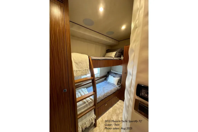 Slide: The Image of 2015 Mazarin 72 Sport Fly yacht guest cabin with twin bunk beds, cozy interior. - 51