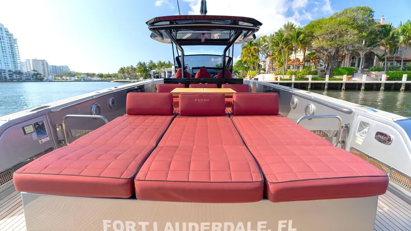 Slide: The Image of 2022 Pardo Yachts Pardo 43 with red seating, docked in Fort Lauderdale, FL. - 15