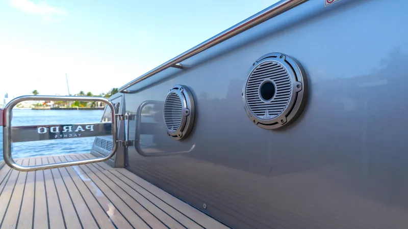 Slide: The Image of 2022 Pardo Yachts Pardo 43 deck with speakers and sleek design. - 24