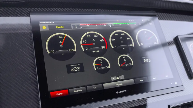 Slide: The Image of Dashboard display of a 2022 Pardo Yachts Pardo 43, featuring Garmin navigation instruments. - 33
