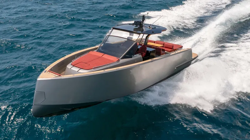 Slide: The Image of 2022 Pardo Yachts Pardo 43 cruising on open water, showcasing sleek design and luxury. - 2