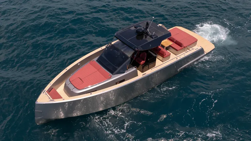 Slide: The Image of 2022 Pardo Yachts Pardo 43 cruising on open water, showcasing sleek design and luxury features. - 4