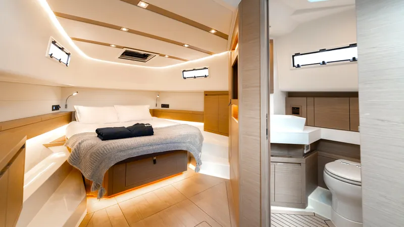 Slide: The Image of Luxurious interior of 2022 Pardo Yachts Pardo 43, featuring a cozy bedroom and modern bathroom. - 41