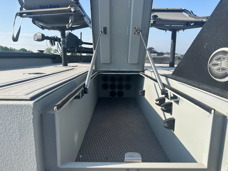 Slide: The Image of 2025 SeaArk Flex 19 boat seat with adjustable suspension, outdoor setting. - 7