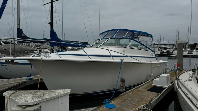 Slide: The Image of 1992 Ocean Yachts Sport Cruiser docked at marina, featuring sleek design and blue accents. - 2