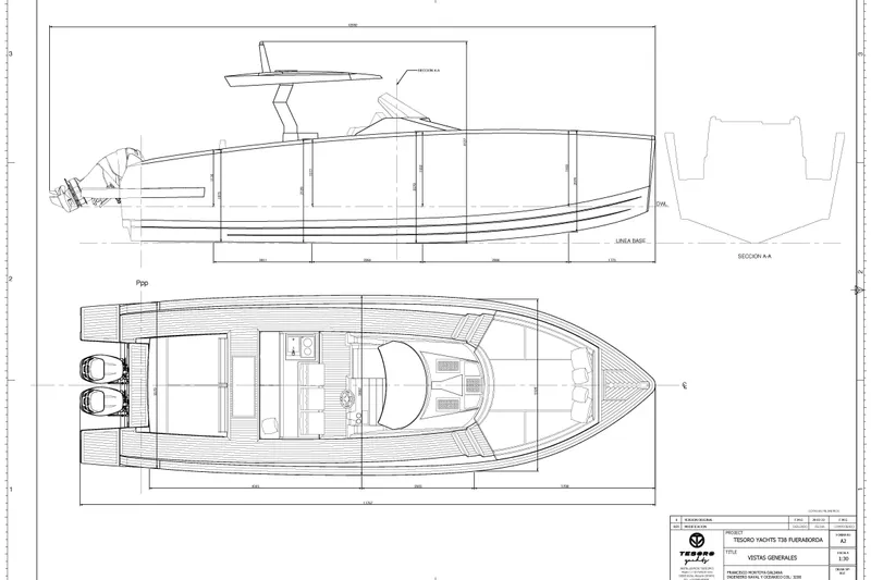 Slide: The Image of Blueprint of 2022 Tesoro T38 Outboard boat, showcasing side and top views with detailed measurements. - 69