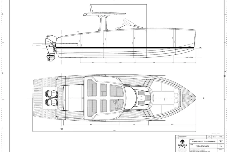 Slide: The Image of Blueprint of 2022 Tesoro T38 Outboard boat, showcasing side and top views. - 70