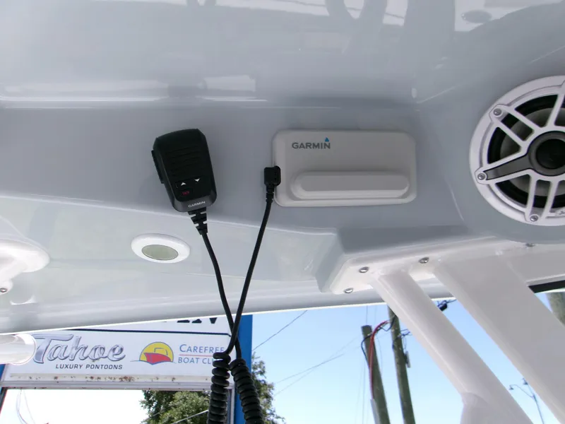 Slide: The Image of 2025 Sportsman Masters 247OE Bay Boat electronics, featuring Garmin device and speaker system. - 11