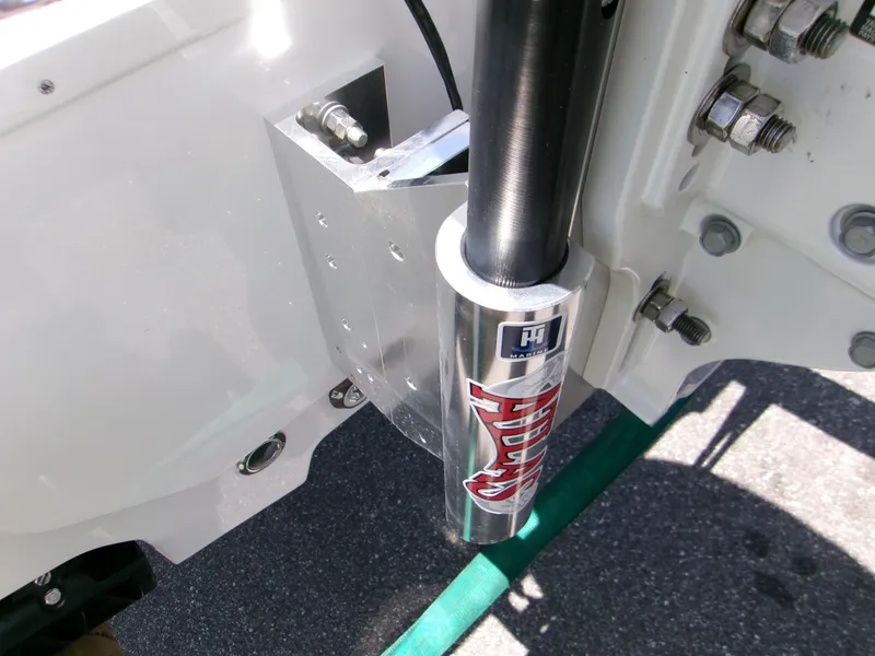 Slide: The Image of Close-up of 2025 Sportsman Masters 247OE Bay Boat hydraulic component. - 6