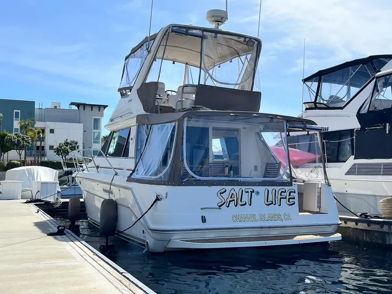 The Image of 1996 Sea Ray 370 Sedan Bridge docked, featuring "Salt Life" text on the stern. - 1