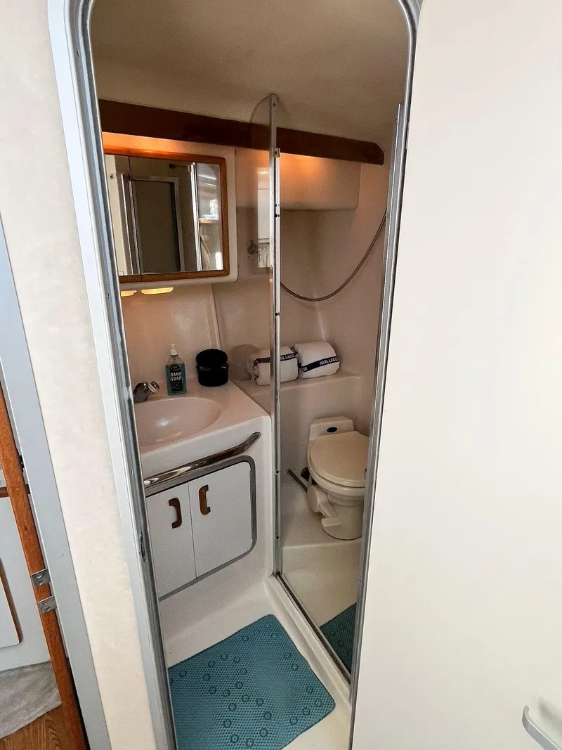 Slide: The Image of 1996 Sea Ray 370 Sedan Bridge bathroom with sink, toilet, and mirror. - 34