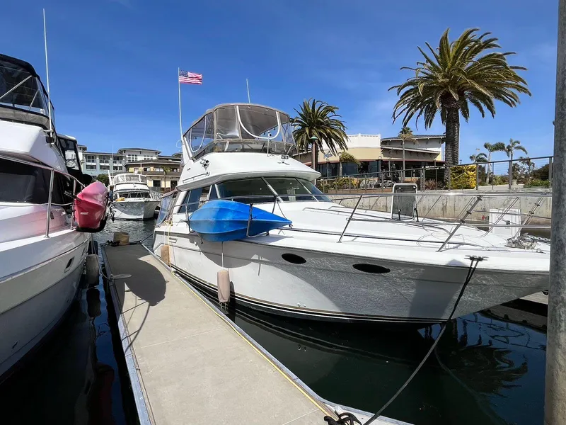 Slide: The Image of 1996 Sea Ray 370 Sedan Bridge docked at marina with palm trees and American flag. - 7