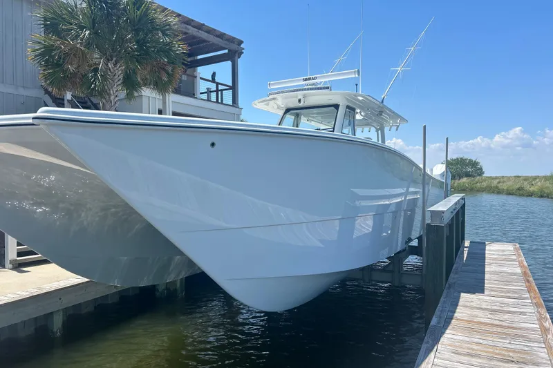 Slide: The Image of Aerial view of 2022 Freeman 47 boat on open water. - 4