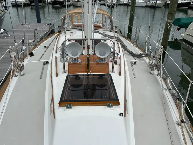Slide: The Image of Hinckley Sou'wester 42 sailboat deck, 1987 model, docked at marina. - 19