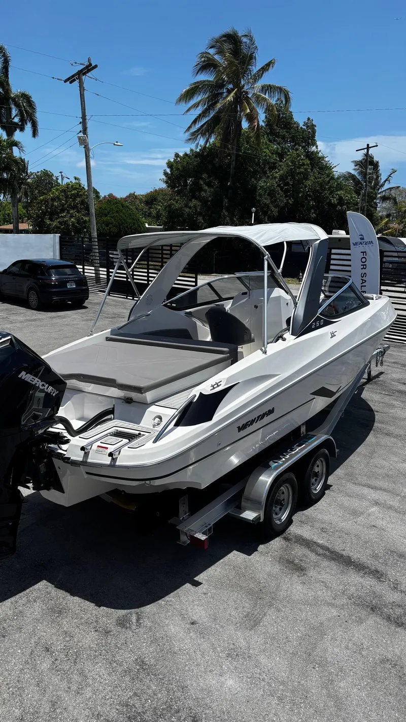Slide: The Image of 2025 Ventura V250 Comfort boat on trailer, parked outdoors with palm trees in the background. - 3