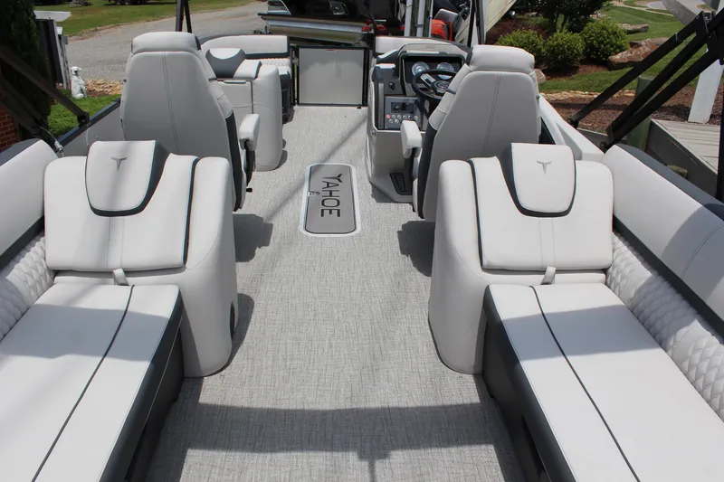 Slide: The Image of 2025 Tahoe Pontoon Cascade Quad Lounger interior with luxurious seating and modern design. - 6