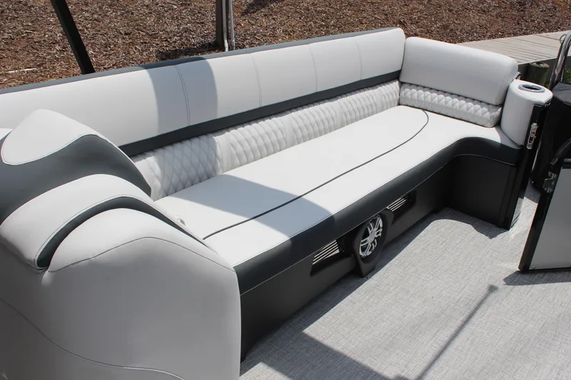 Slide: The Image of 2025 Tahoe Pontoon Cascade Quad Lounger with sleek, modern seating design. - 8