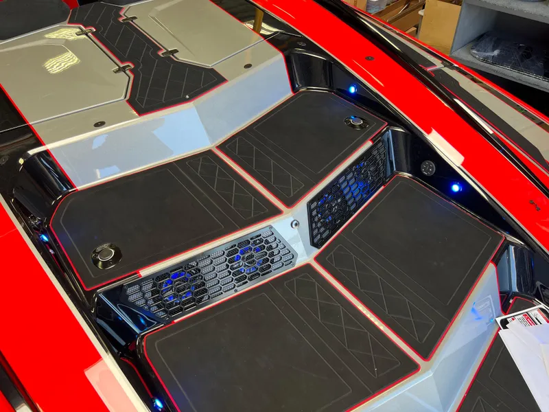 Slide: The Image of 2023 Daves Custom Boats M37R interior with sleek red and black design. - 14