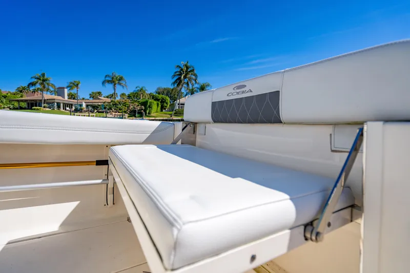 Slide: The Image of 2022 Cobia 240 CC boat interior with white seating, palm trees in background. - 20