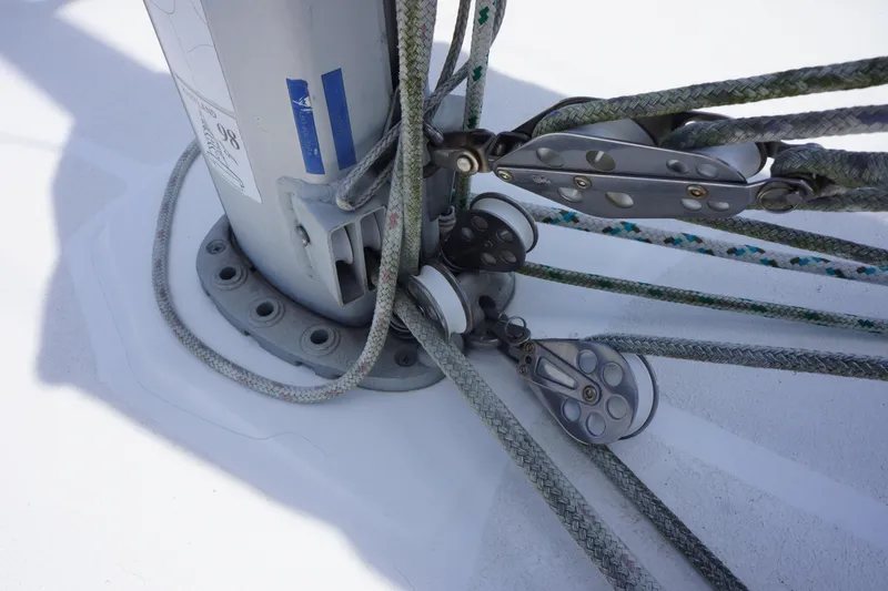 Slide: The Image of Close-up of rigging and pulleys on a 1993 Hunter 35.5 sailboat mast. - 16