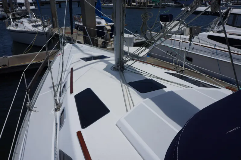 Slide: The Image of Sailboat deck view, 1993 Hunter 35.5 model, docked at marina. - 2