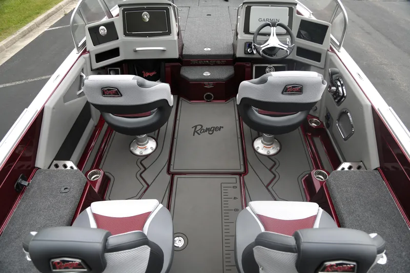 Slide: The Image of 2025 Ranger 621FS Pro boat interior with modern seating and advanced navigation systems. - 5