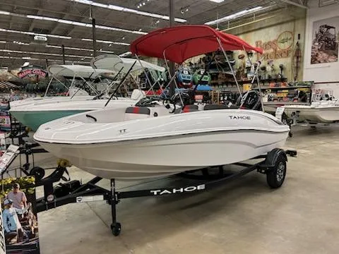 The Image of 2025 Tahoe T16 boat with red canopy displayed in showroom. - 0