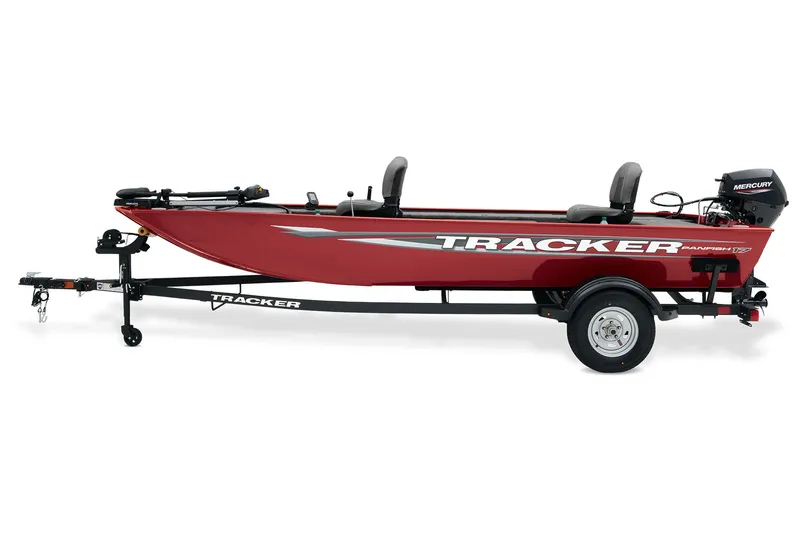 Slide: The Image of 2025 Tracker Panfish 17 boat with Mercury outboard motor in showroom. - 2
