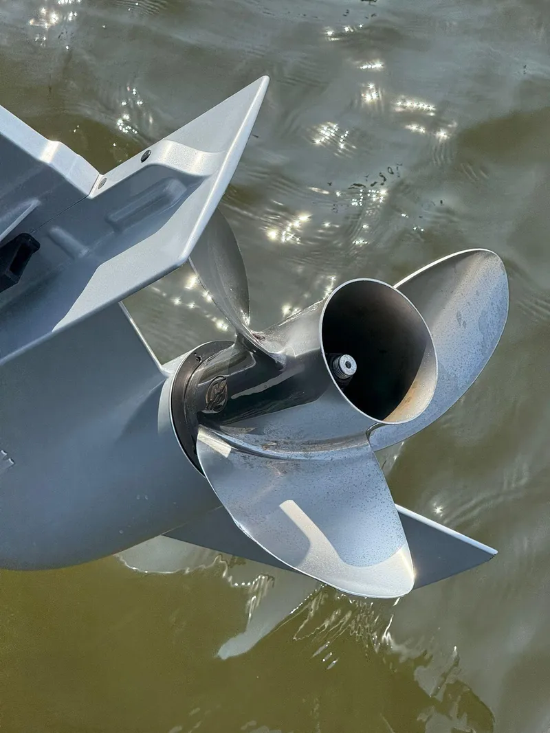 Slide: The Image of Close-up of a 2023 Monterey M65 boat propeller in water. - 6
