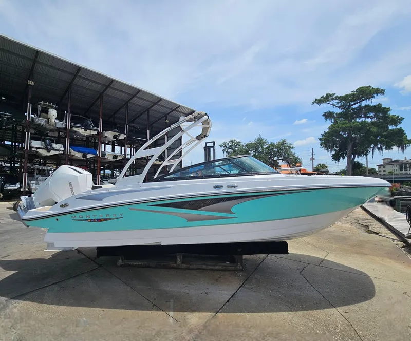 Slide: The Image of 2025 Monterey M-225 boat with sleek design on display at marina. - 6