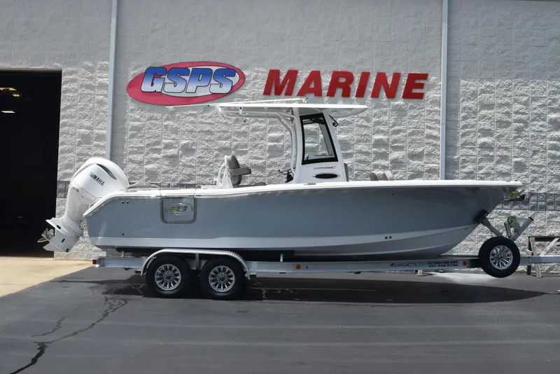 Slide: The Image of 2026 Sea Hunt Ultra 255 SE boat on trailer at GSPS Marine dealership. - 1