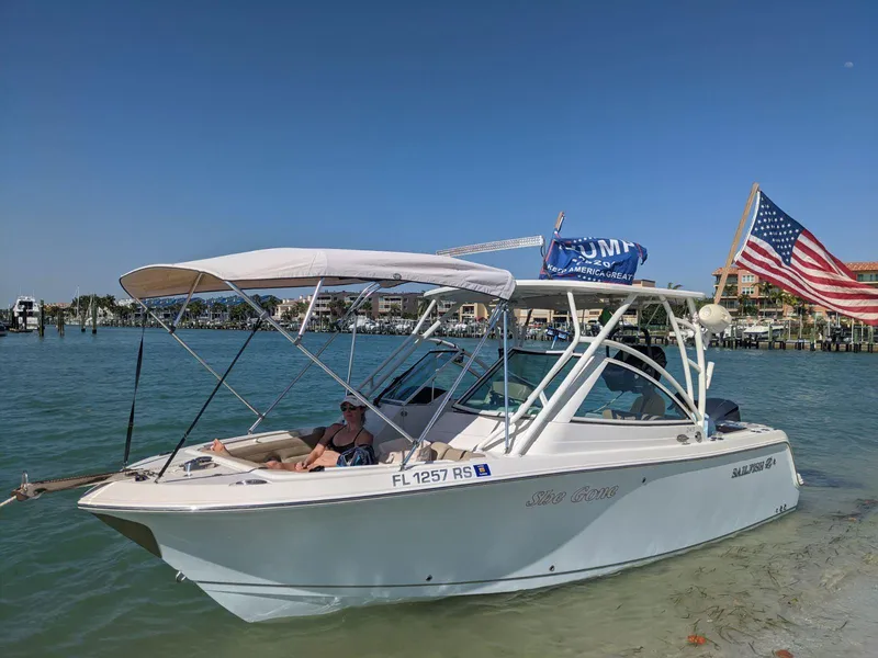 Slide: The Image of 2018 Sailfish 245DC boat on water, displaying American and political flags. - 6