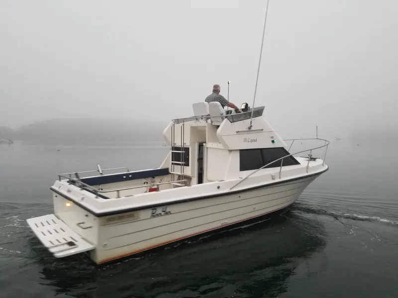 Slide: The Image of 1998 Penn Yan 269 Legend boat navigating foggy waters. - 19