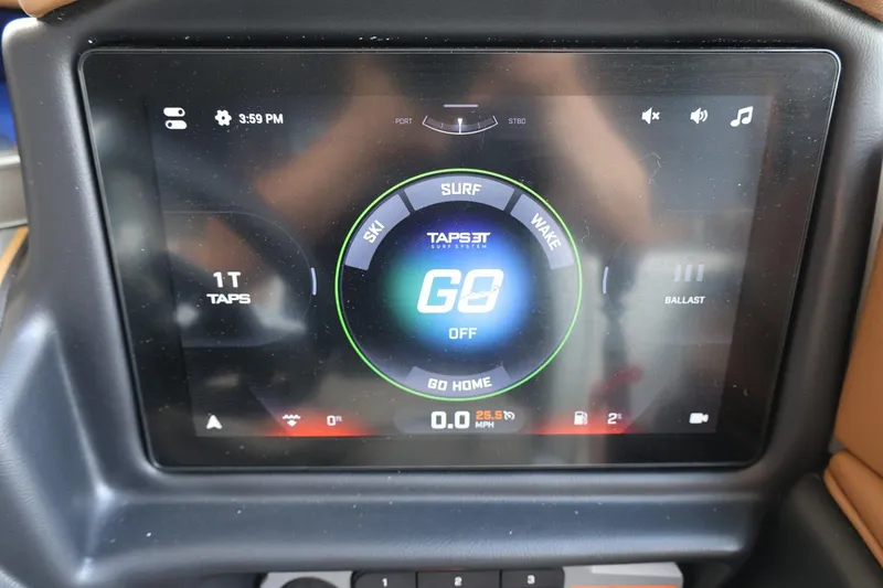 Slide: The Image of Touchscreen display of 2025 Tigé 24RZX boat showing TAPS 3T control settings. - 33