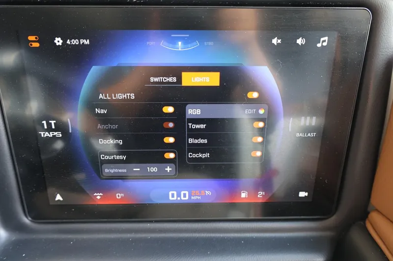 Slide: The Image of Touchscreen control panel in 2025 Tigé 24RZX boat, displaying lighting settings and options. - 35