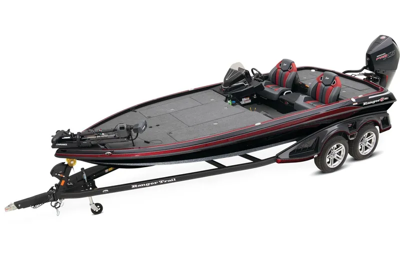 Slide: The Image of 2024 Ranger Z521R Ranger Cup Equipped boat on trailer, scenic background. - 0
