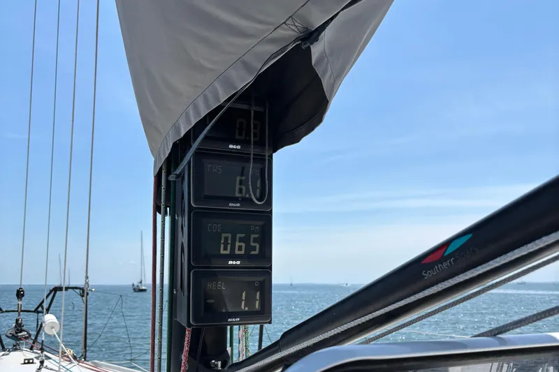 Slide: The Image of Sailing instruments on a 2018 J Boats J/121, displaying speed and heading. - 14