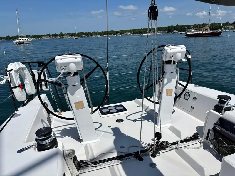Slide: The Image of Cockpit view of 2018 J Boats J/121 sailboat with dual steering wheels. - 19