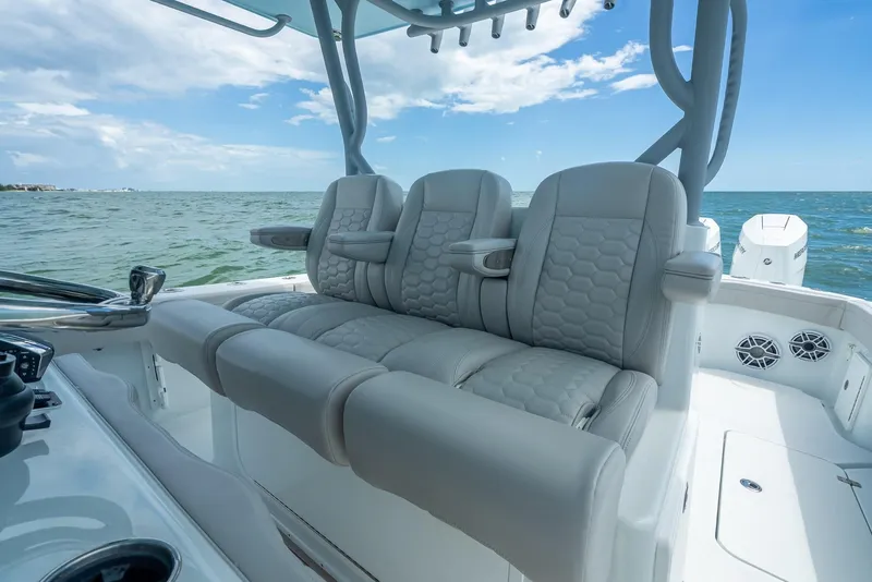 Slide: The Image of 2024 Yellowfin 39 boat with luxurious seating, ocean view, and modern design. - 37